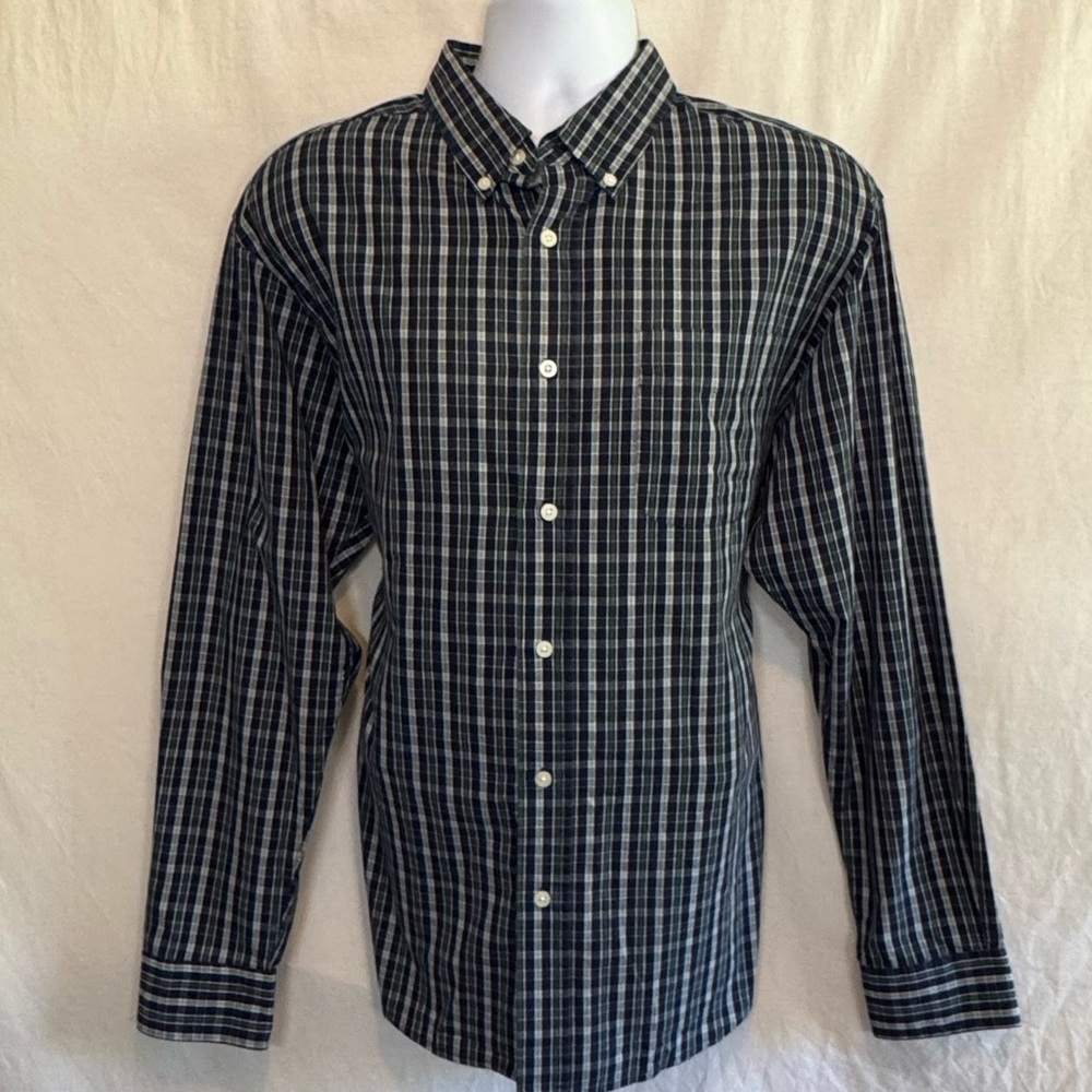 E-183 Men’s Ivy Crew Black‎ Green & White Plaid Long Sleeve Dress Shirt Size L